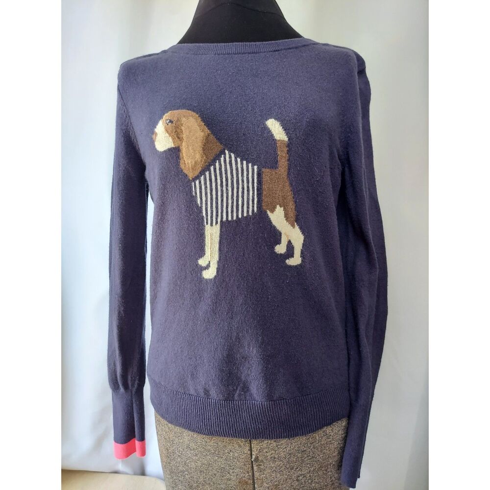 Joules Beagle in a Breton Navy Pullover Cotton Silk Camel Knit Graphic Old Money